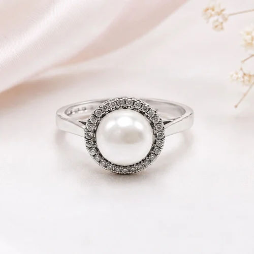 Celeste Pearl Halo Ring – 925 Sterling Silver
