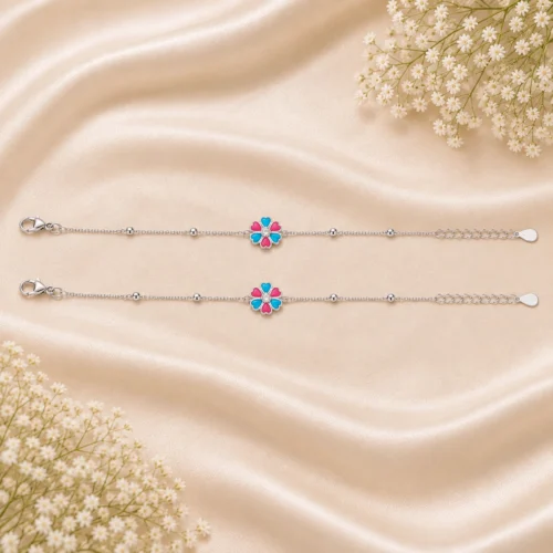Candy Bloom Floral Silver Anklet Pair