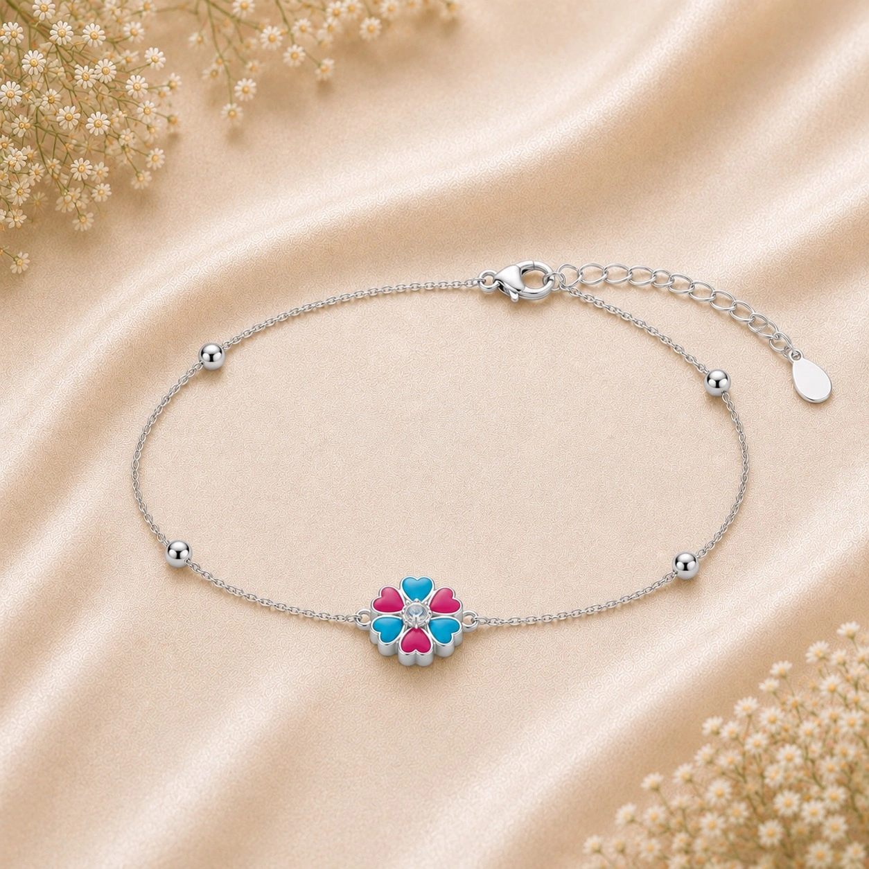 Candy Bloom Floral Silver Anklet Pair 3
