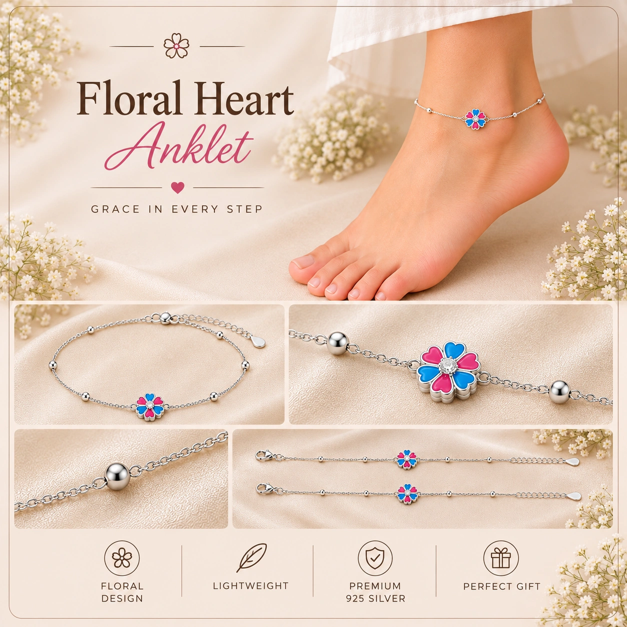 Candy Bloom Floral Silver Anklet Pair 6