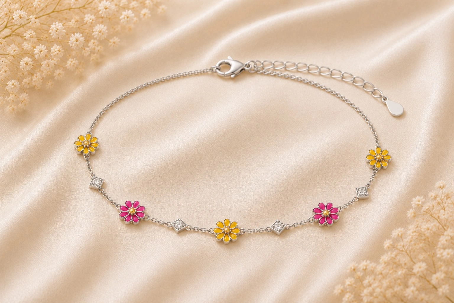 Daisy & Crystal Charm Silver Anklet Pair 2