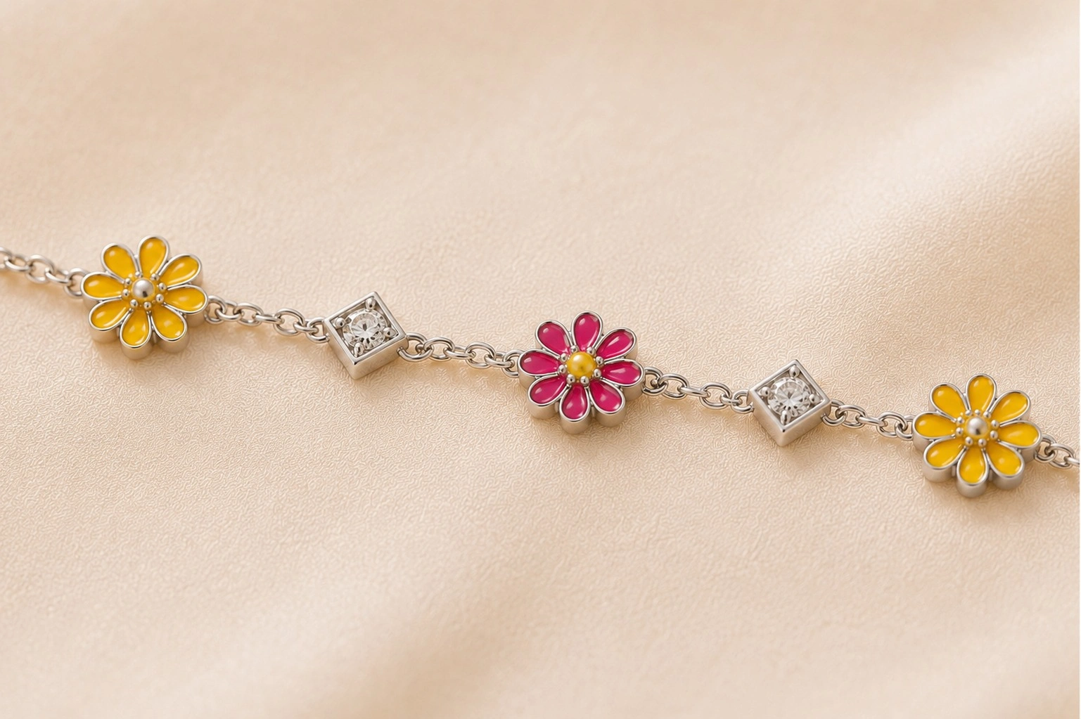 Daisy & Crystal Charm Silver Anklet Pair 4