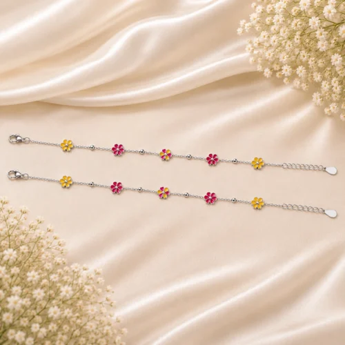 Floral Blossom Charm Silver Anklet Pair