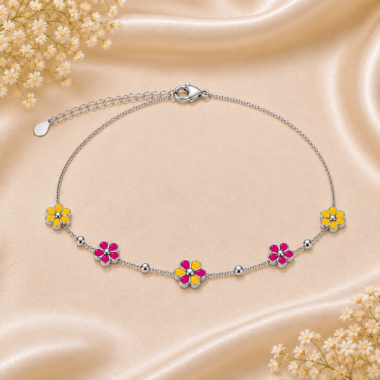 Floral Blossom Charm Silver Anklet Pair 3