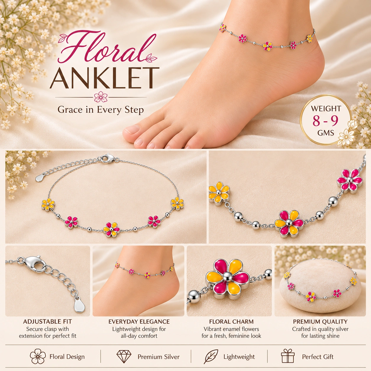 Floral Blossom Charm Silver Anklet Pair 5