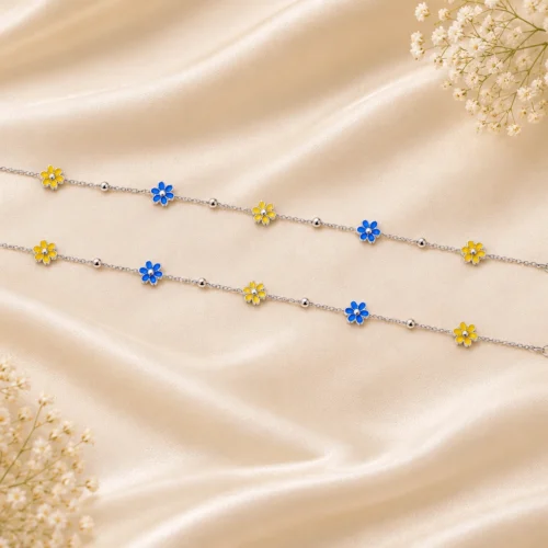 Garden Daisy Charm Silver Anklet Pair