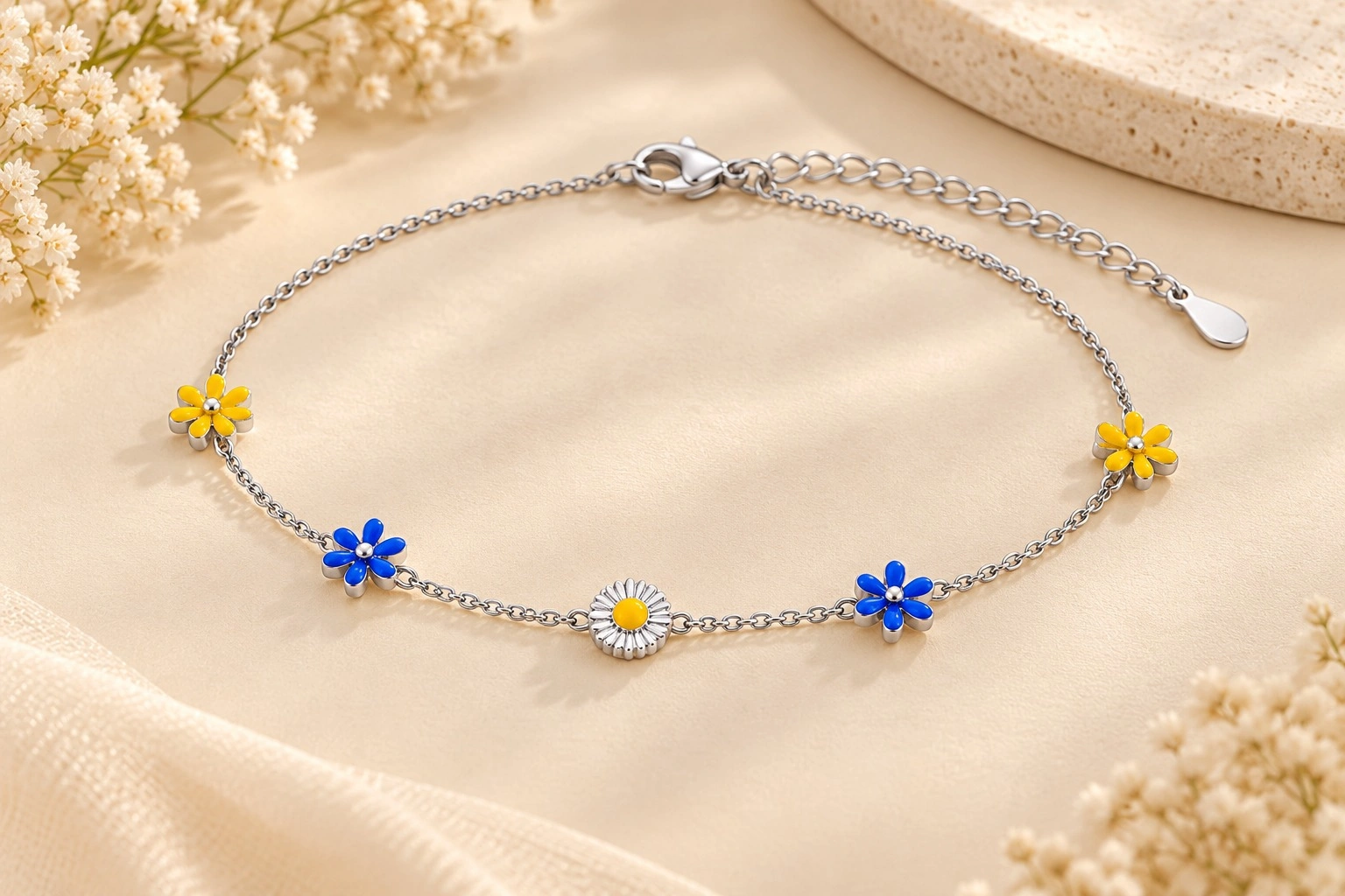 Meadow Daisy Charm Silver Anklet Pair 2