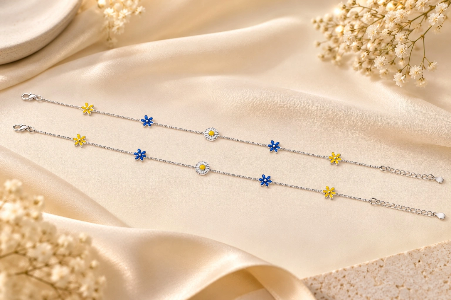 Meadow Daisy Charm Silver Anklet Pair 3