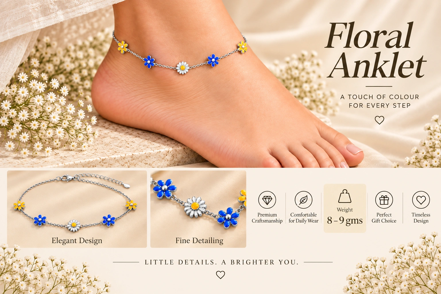Meadow Daisy Charm Silver Anklet Pair 5