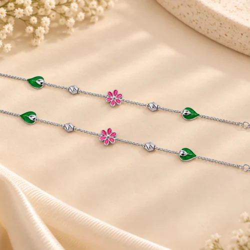 Nature Bloom Charm Silver Anklet Pair