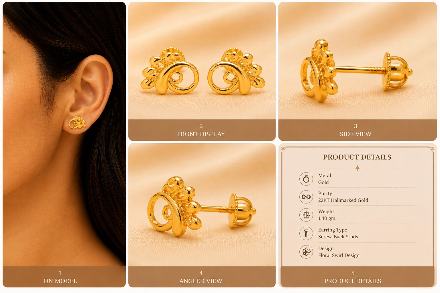 Peacock curl Stud Gold Earrings 5