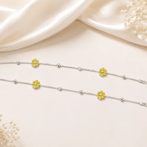 Sunshine Daisy Silver Anklet Pair